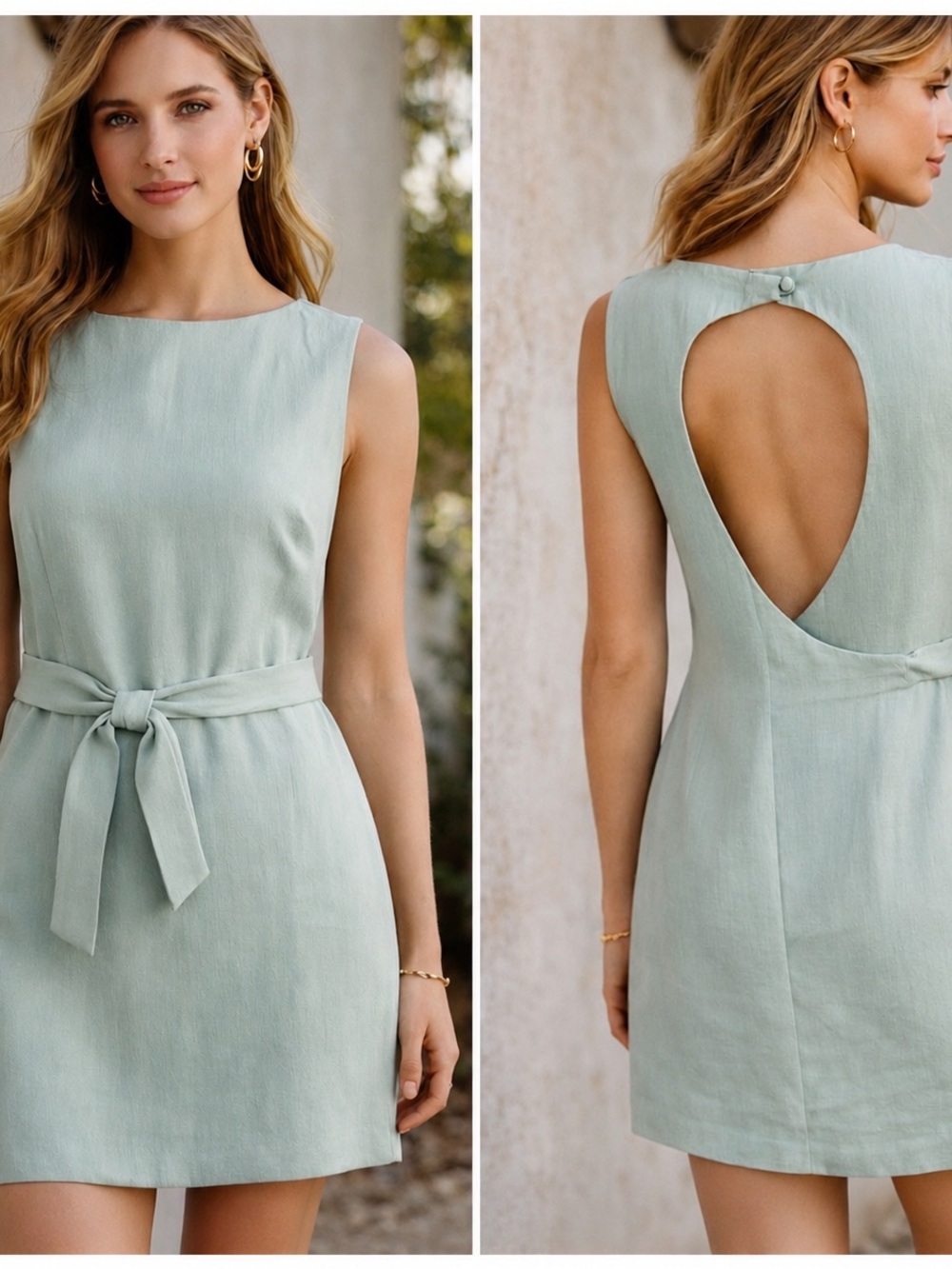 Ann Taylor Silk Blend Shift Dress Seafoam Blue Keyhole Back Belted Size 8